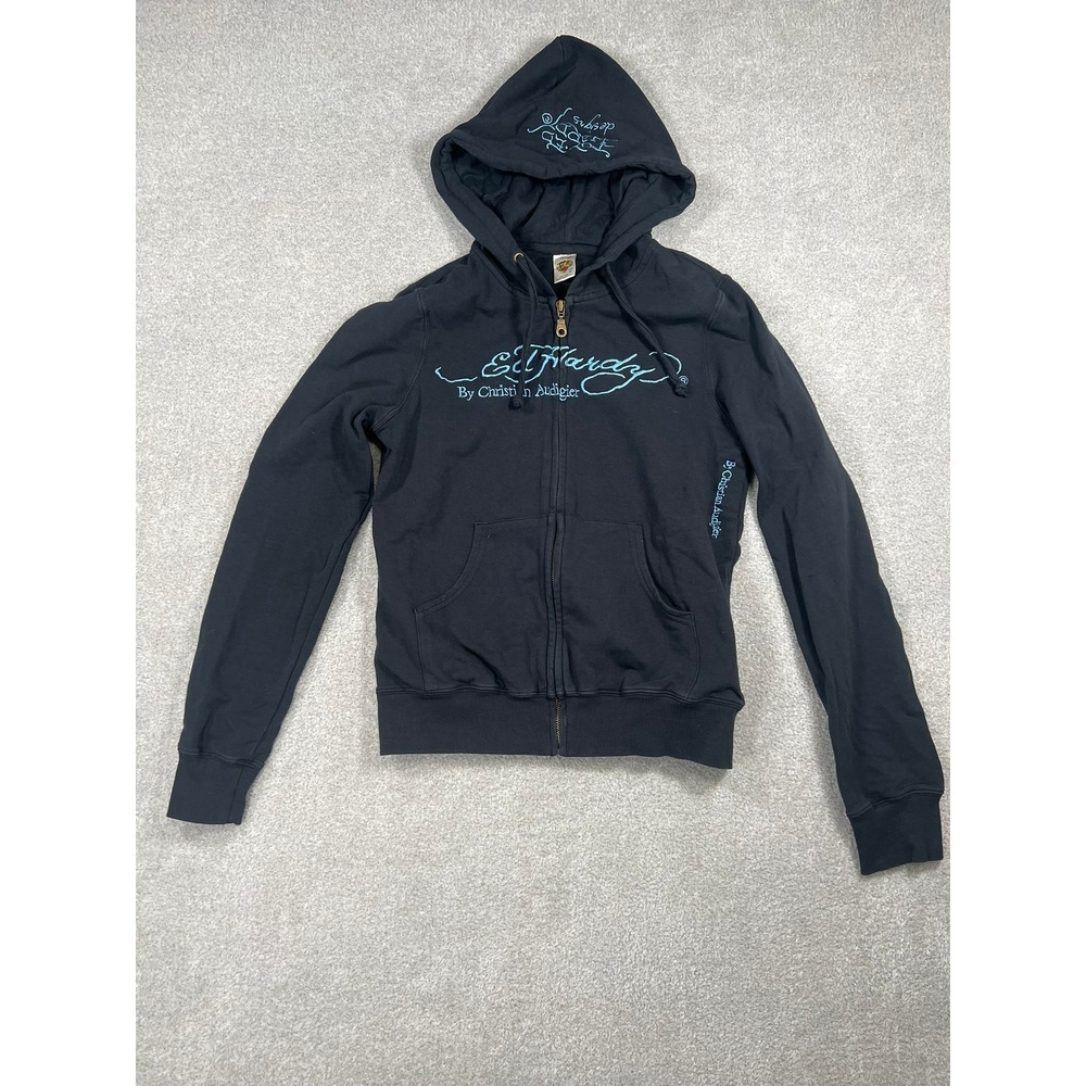 Ed Hardy Womens Black Koi Fish Graphic Full Zip Hoodie Christian Audigier Size M